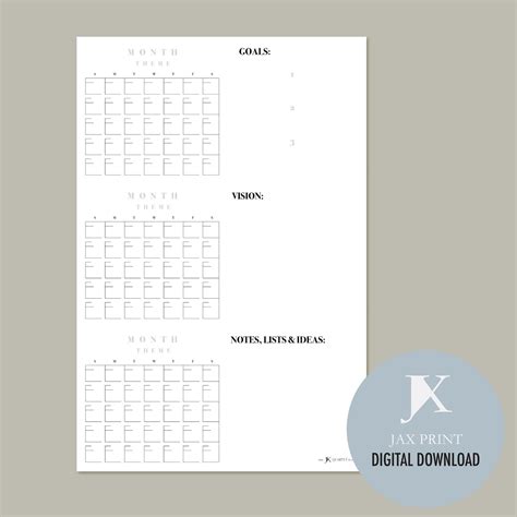 Blank Quarterly Printable Calendar Planner, Minimalist Large Wall