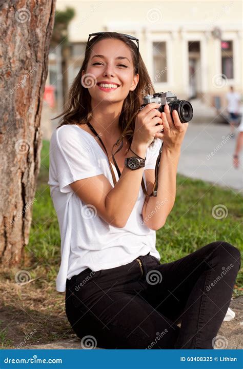 Brunette Beauty Taking Photos Stock Image Image Of Lens Looking