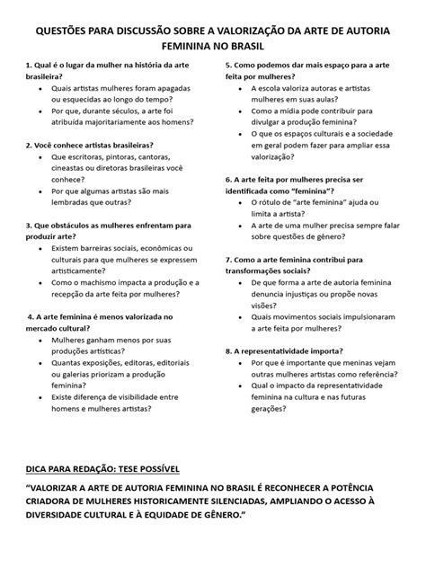 Como Valorizar A Arte De Autoria Feminina No Brasil - Valorização da Arte Feminina no Brasil | PDF | Gênero | Estudos de Gênero