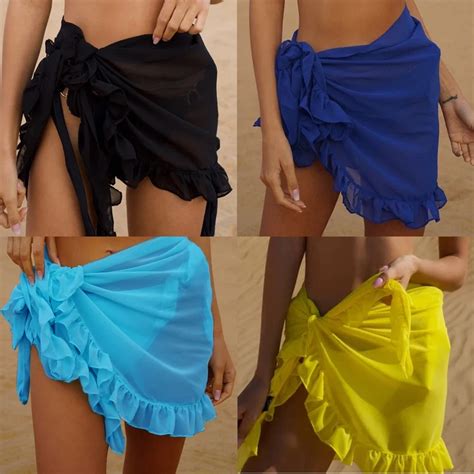 Women Wrap Short Beach Cover Ups Skirts Sexy Swimsuit Bikini Chiffon Pareo Sarong Thin