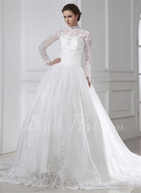 Ball Gown High Neck Chapel Train Organza Wedding Dress With Ruffle Lace