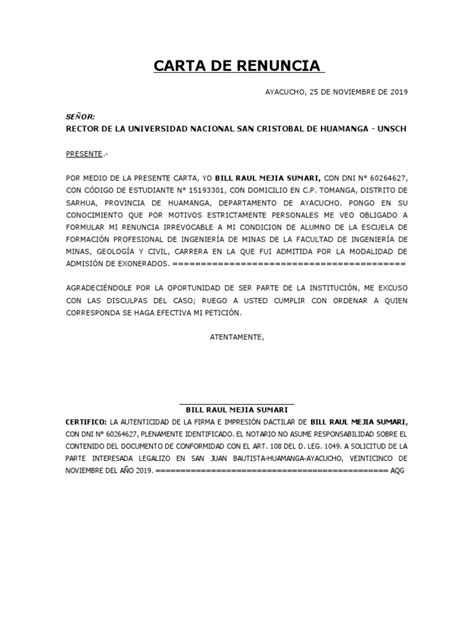 Carta De Renuncia Instituto Pdf Escuelas Educación Avanzada
