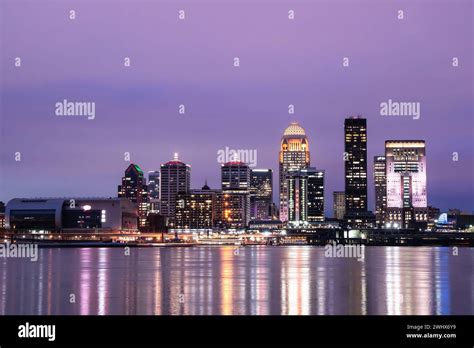 Beautiful Sunset Night View Of Louisville Kentucky Skyline With River