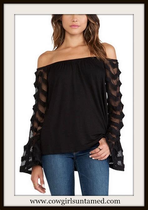 Plus Size Cowgirl Gypsy Top Black Sheer Sleeve Off The Shoulder Top