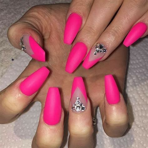 Neon Pink Nails Ballerina Nails Nails With Rhinestones Matte Nails