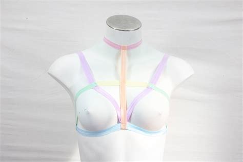 Rainbow Body Harness Lingerie Cage Bra Pastel Goth Fashion Lingerie Exotic Dancewear Festival