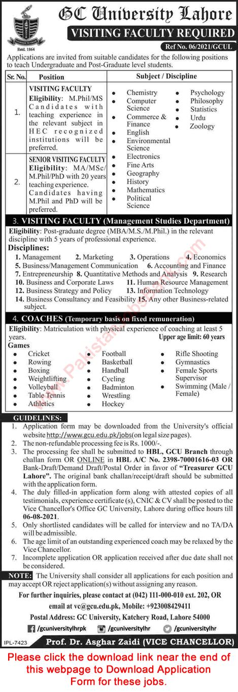 Gc University Lahore Jobs July 2021 August Application Form Government