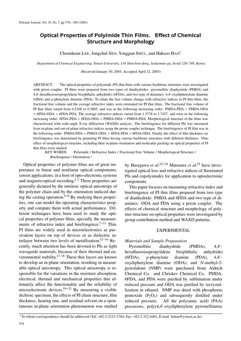 Pdf Optical Properties Of Polyimide Thin Films Effect Of Chemical