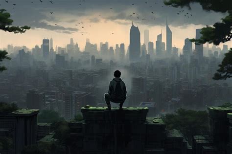 Premium Photo A Man Sits On A Ledge In Front Of A Cityscape