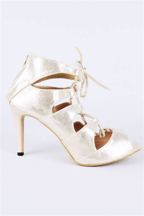 Lovemystyle Metallic Nude Lace Up High Heel Caged Sandals