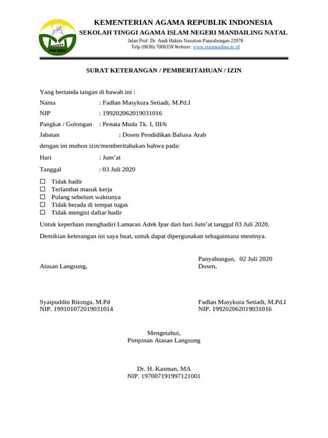 surat izin tidak hadir dosen stain madina