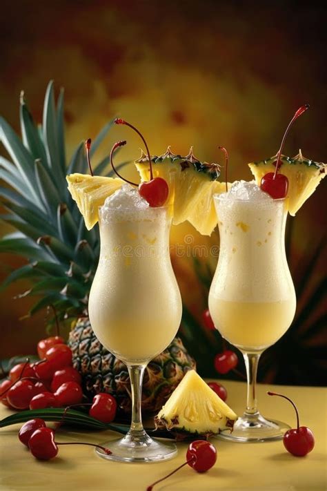 Pina Colada Cocktails Garnished With Pineapple Wedges And Cherries