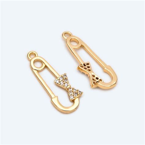 10pcs Gold Safety Pin Pendants 19x7mm Cz Pave Bow Tie Charms Gb 2475