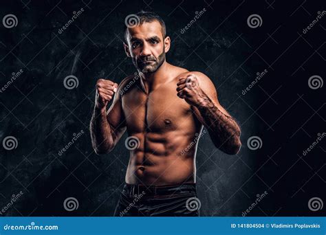 Portrait Of A Brutal Professional Fighter With Naked Torso Posing For A Camera Stock Photo