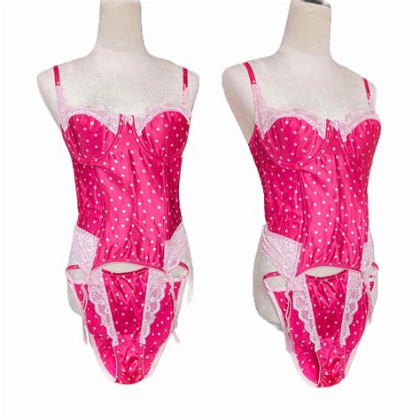 Gorgeous Pink Polka Dot Silk Corset And Bikini Cut Depop
