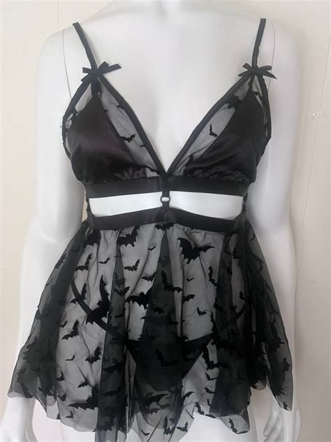 Goth Wednesday Bat Queen See Through Tied Babydoll Lingerie Backless Dress Anniversary Birthday