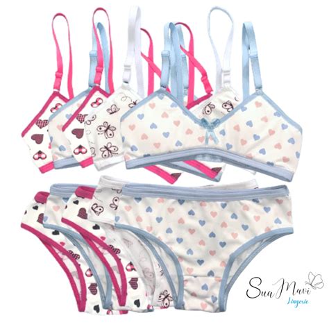 Kit 5 conjunto Infantil Lingerie Menina Moça Sutiã Espuma Calcinha Estampado Shopee Brasil