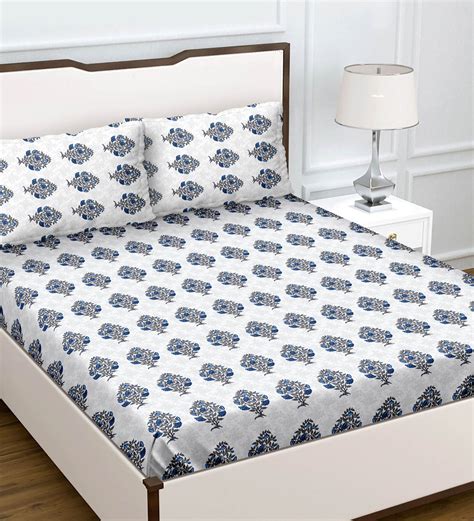 Buy Blue Floral Tc Cotton King Sized Bed Sheets With Pillow