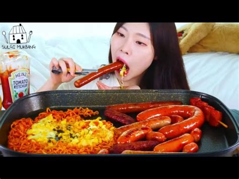 Asmr Mukbang Corn Cheese Fire Noodles Sausage Party Kielbasa Grilled