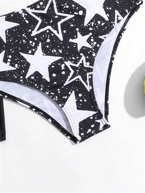 Tween Girl Color Block Star Printed Bikini Set Including Top Bottom And Rash Guard Print