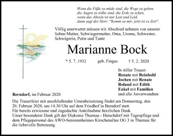 Marianne Bock Traueranzeige Trauer InFranken De