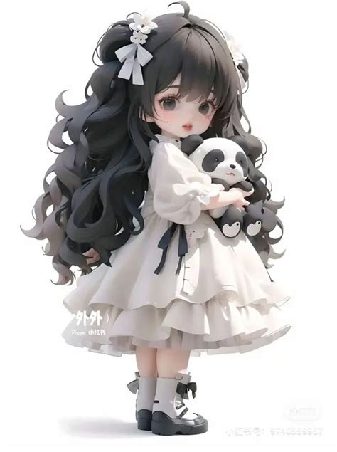 A Doll With Long Black Hair Holding A Panda In Her Arms And Wearing A