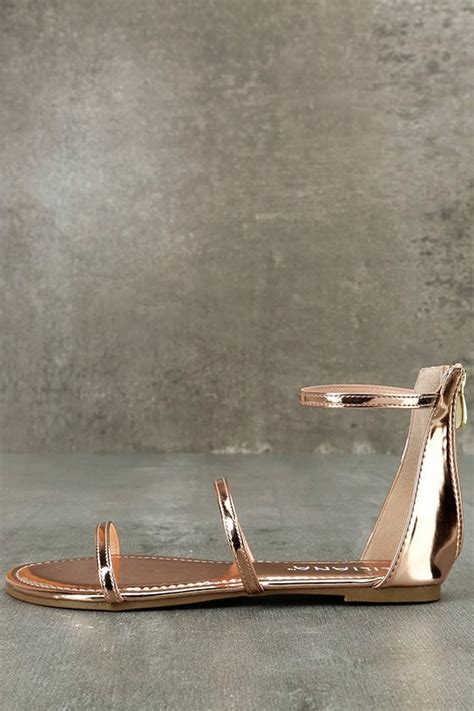 Cute Rose Gold Sandals Metallic Flat Sandals Rose Gold Ankle Strap