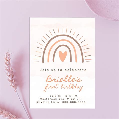 Nude Rainbow Birthday Party Invitation Bohemian Rainbow Party Personalized Invite Printable