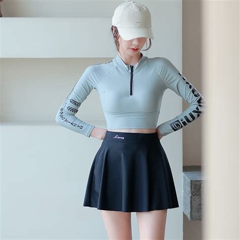 Bikini đi INFLACHI 2 mảnh kín đáo dài tay nữ dạng váy kiểu dáng Hàn Quốc khóa kéo chất vải co