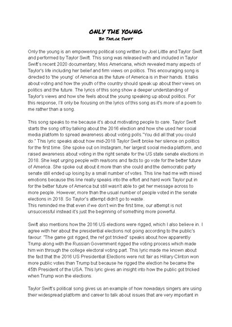 2.9 Reading log 4 - English - ONLY THE YOUNG By: Taylor Swift Only the