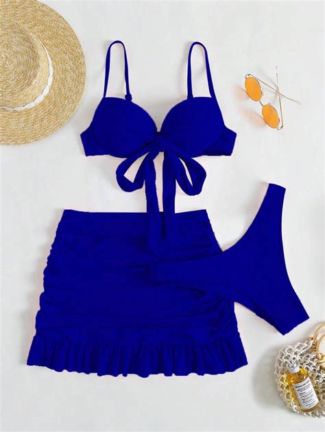 SHEIN Swim Conjunto De Bikini Unicolor Sujetador Push Up Con Nudo En La