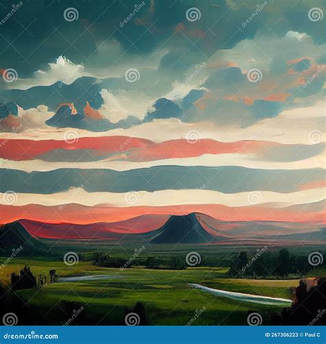 American Sublime Vast Landscape River Sky In Blue Green Pink Orange And