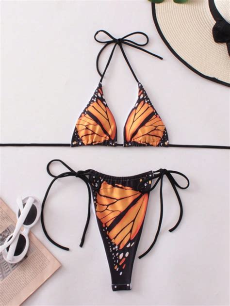 2pcs Polyester Red Butterfly Digital Print Halter Neck Triangle Bralette And Bikini Bottom