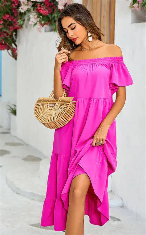 Relaxed Off Shoulder Bardot Frill Midi Dress In Fuchsia Pink Fs