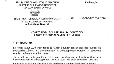 COMPTE RENDU DE LA REUNION DU COMITE DES DIRECTIONS CODIR DE JEUDI 6