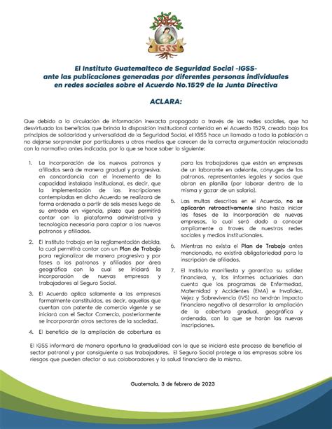 Comunicado El Instituto Guatemalteco De Seguridad Social Igss Ante