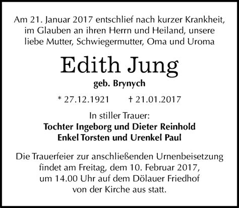 Traueranzeigen Von Edith Jung Abschied Nehmen De