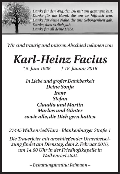 Traueranzeigen Von Karl Heinz Facius Harztrauer De