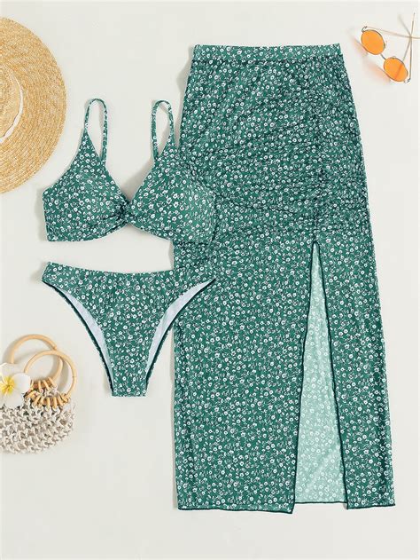 SHEIN Swim Mod Ditsy Floral Print Bikini Set Twist Cami Bra Hipster Bottom Slit Cover Up