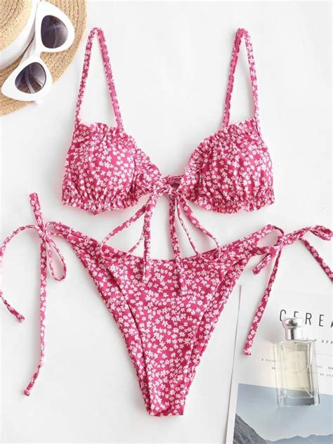 14 OFF 2021 ZAFUL Ditsy Floral Frilled Tie Front String Bikini
