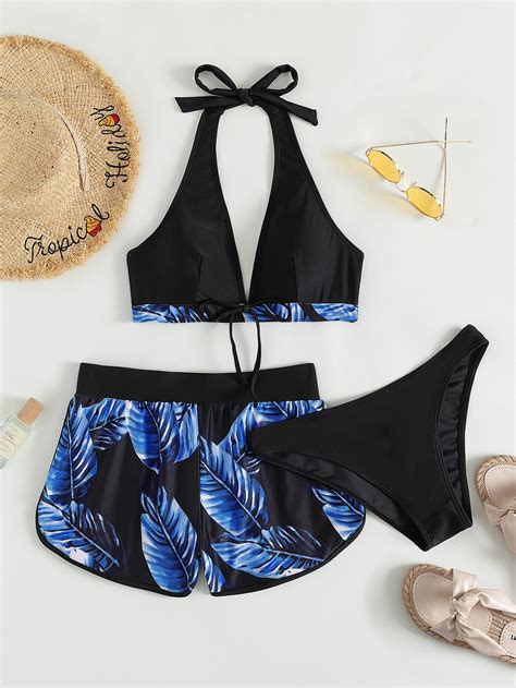 Shein Swim Vcay Ba Ador Bikini Con Nudo Delantero Con Estampado De Planta Con Shorts De Nataci N