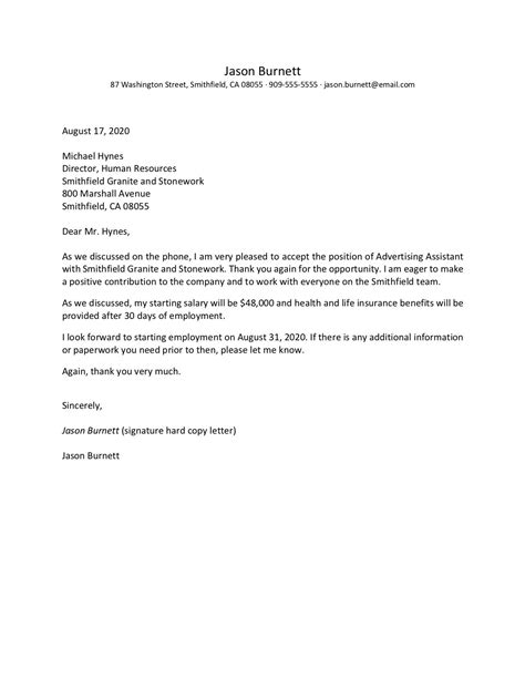 Job Offer Acceptance Letter And Email Examples Acknowledgement Of Job