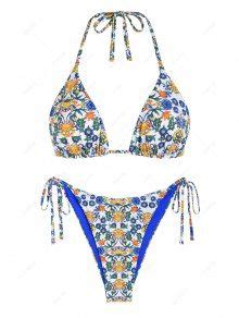 ZAFUL Tie Side Ethnic Style Floral String Triangle Bikini Swimwear In BLUE ZAFUL 2024
