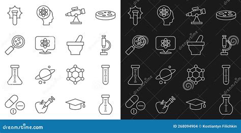 Set Line Test Tube Microscope Telescope Atom Microorganisms Under