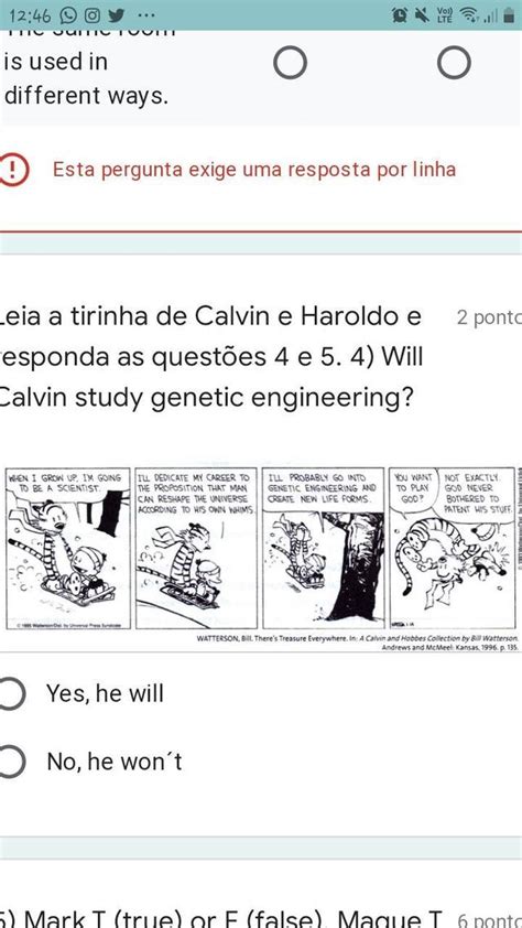 Leia a tirinha de Calvin e Haroldo e responda as questões 4 e 5 4