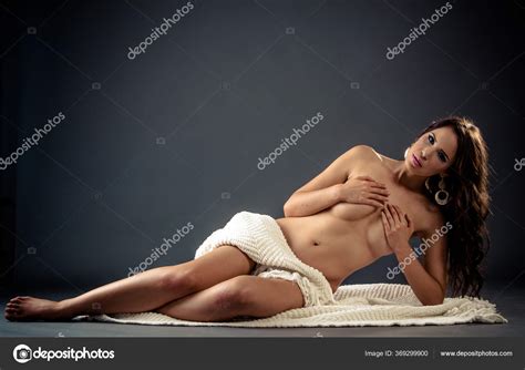 Beautiful Sensual Nude Woman Sits Covered White Cloth Hands Stock Photo Mvaligursky