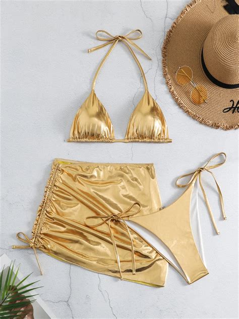 Metallic Gold Bikini Set With High Waist Bottoms On Luulla