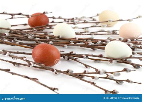 Easter Background With Easter Eggs And Pussy Willow Top View Stock Image Image Of