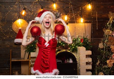 Excited Sexy Christmas Blonde Woman Red Stock Photo 1556489966 Shutterstock