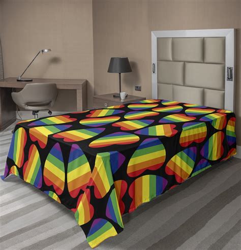 Pride Flat Sheet Rainbow Colored Striped Heart Shapes On Black Backdrop Gay Lesbian Love Parade
